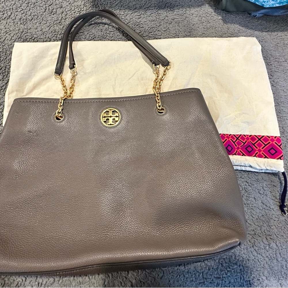 Tory Burch Taupe Leather Tote with Gold Accents